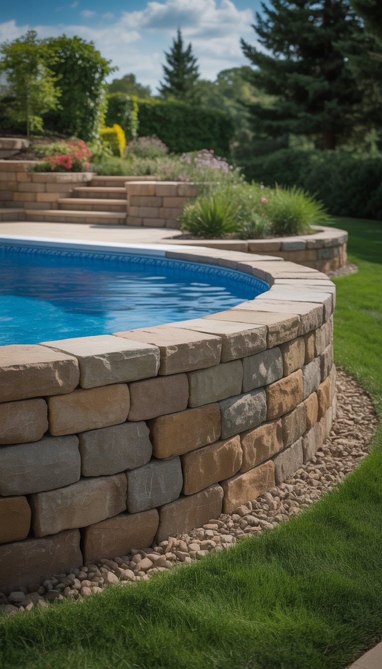 An above ground pool surrounded by a stone retaining wall with green grass and plants in a backyard.