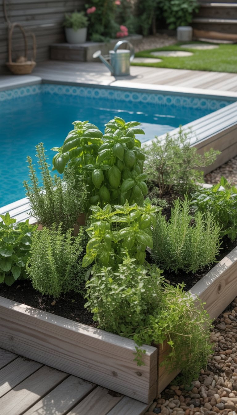 A small herb garden with various green herbs next to a clear above ground pool surrounded by wooden decking.