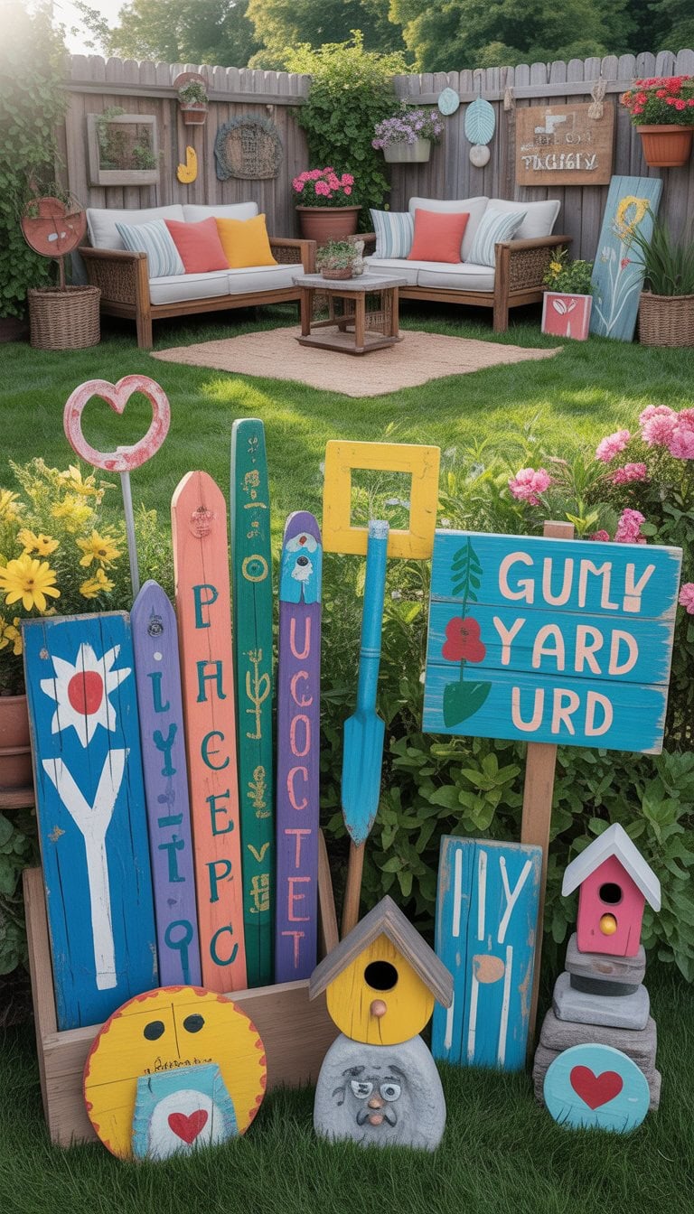 A backyard with various colorful handmade yard art decorations and a cozy seating area surrounded by plants and flowers.
