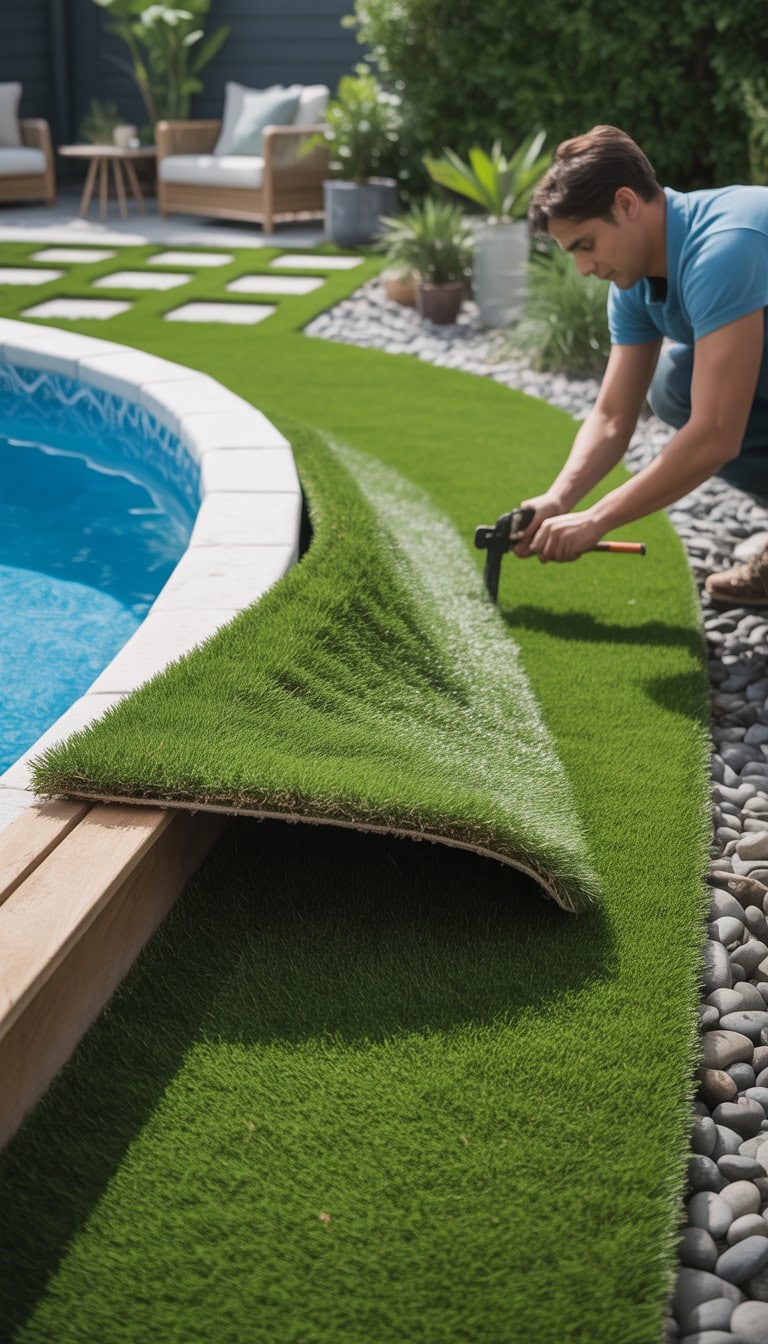 A person laying artificial turf around an above ground pool in a landscaped backyard.