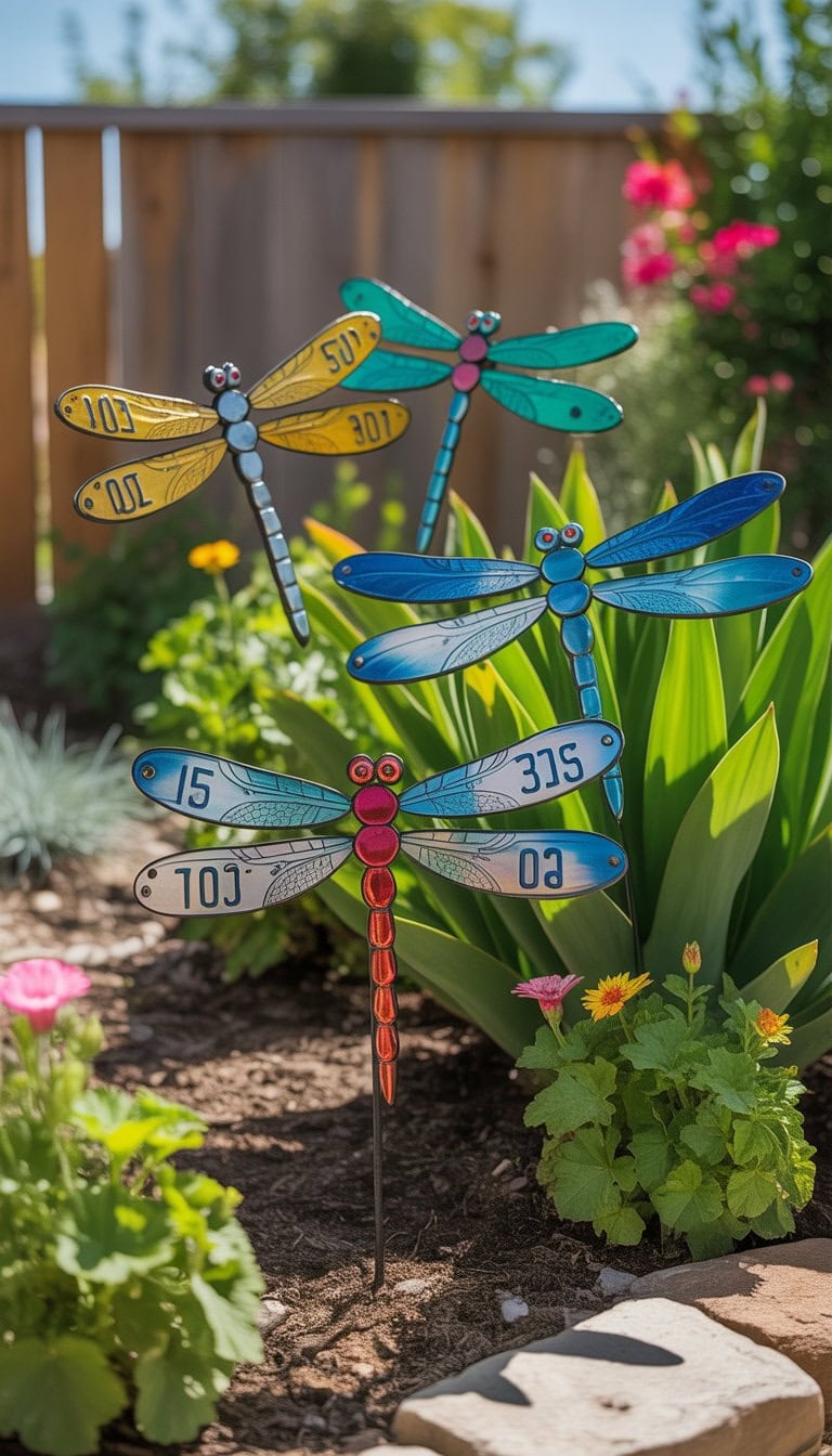 Colorful dragonfly sculptures made from license plates displayed in a sunny garden among plants and flowers.