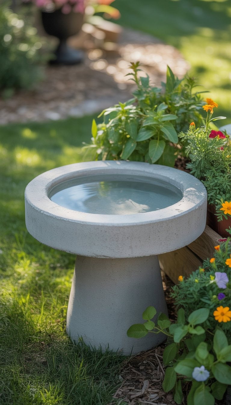A concrete birdbath planter filled with water surrounded by green plants and colorful flowers in a backyard garden.