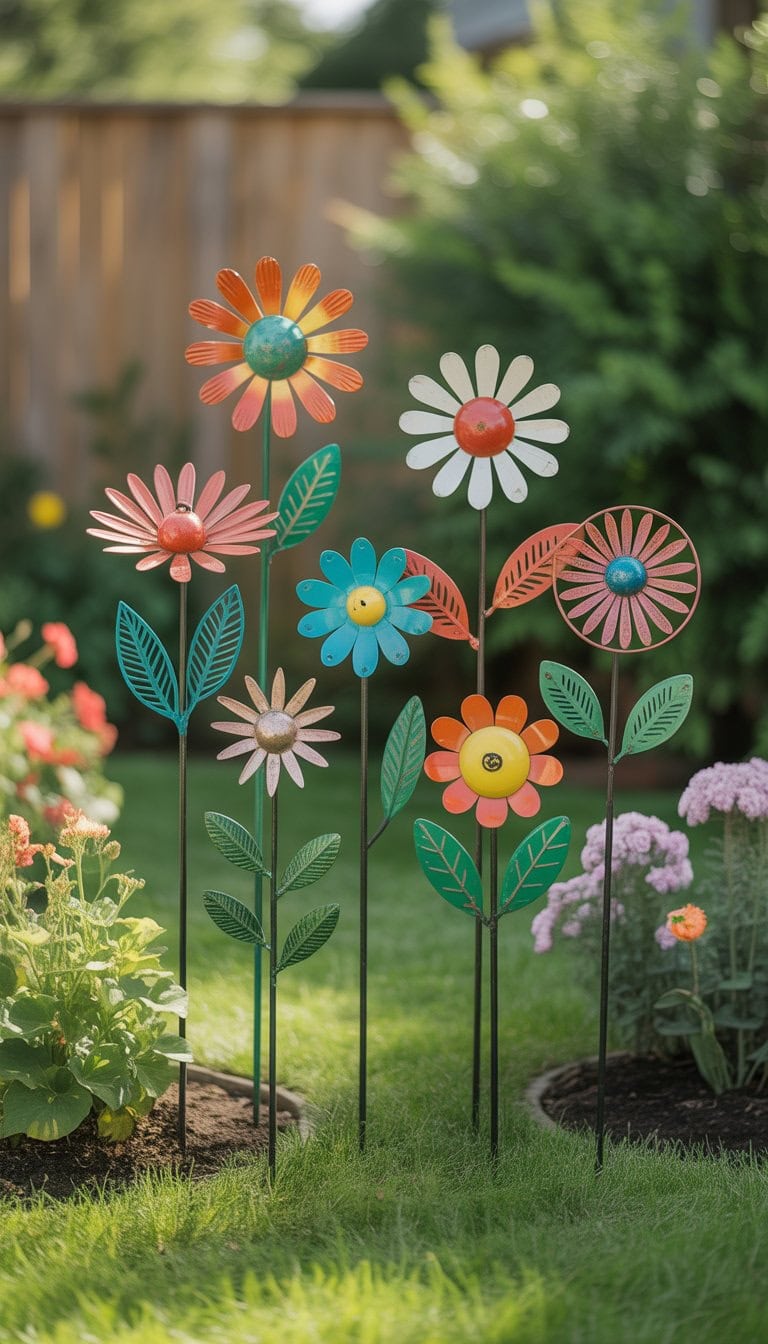 A garden with colorful metal flower yard stakes planted in green grass surrounded by blooming plants and a wooden fence in the background.
