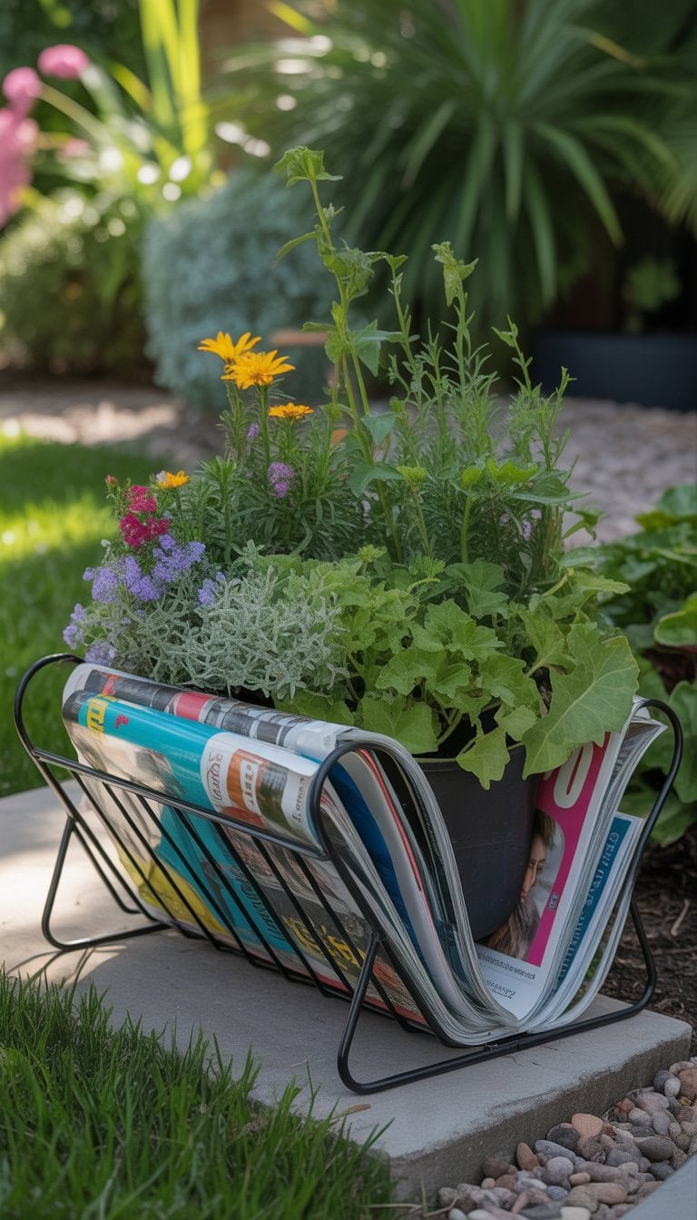 A recycled magazine rack used as a planter filled with colorful flowers and green plants in a garden.