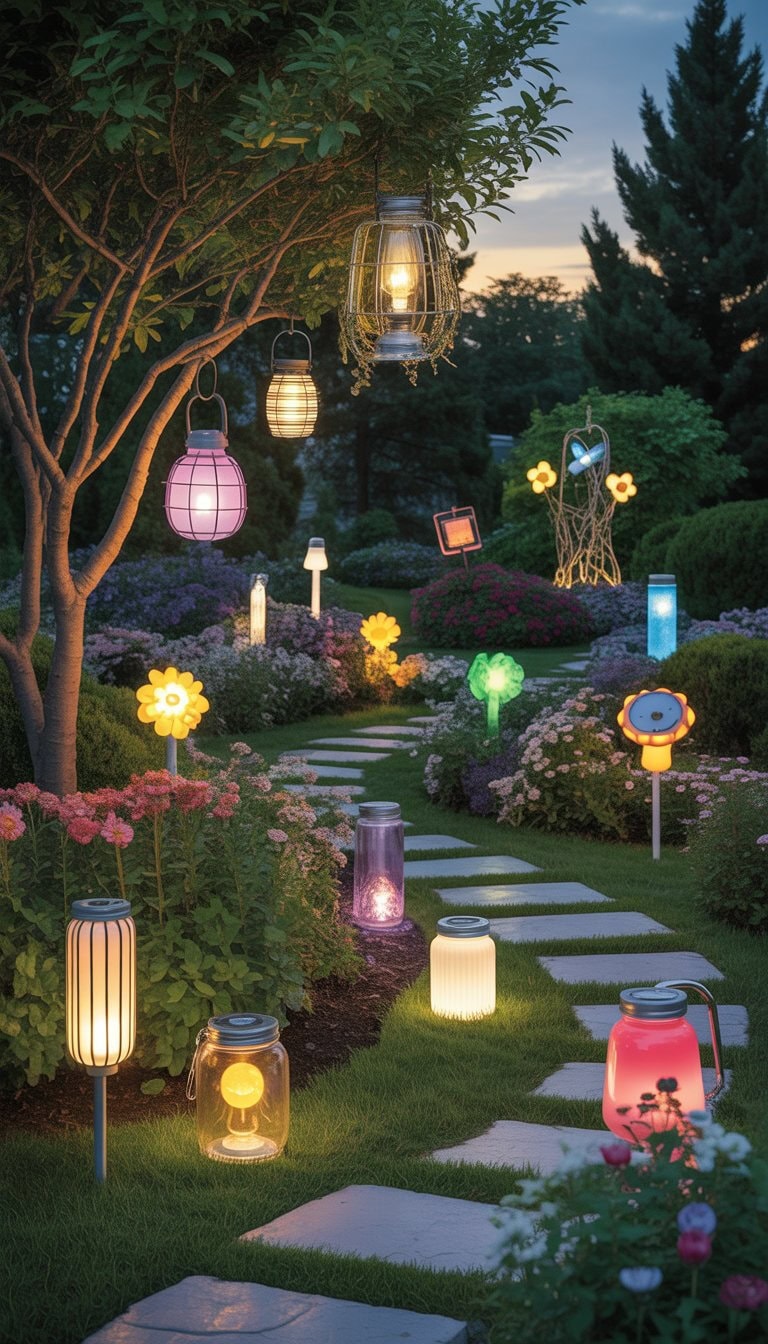 A garden at dusk illuminated by various solar-powered lamps creatively placed among plants, flowers, and decorative yard art.