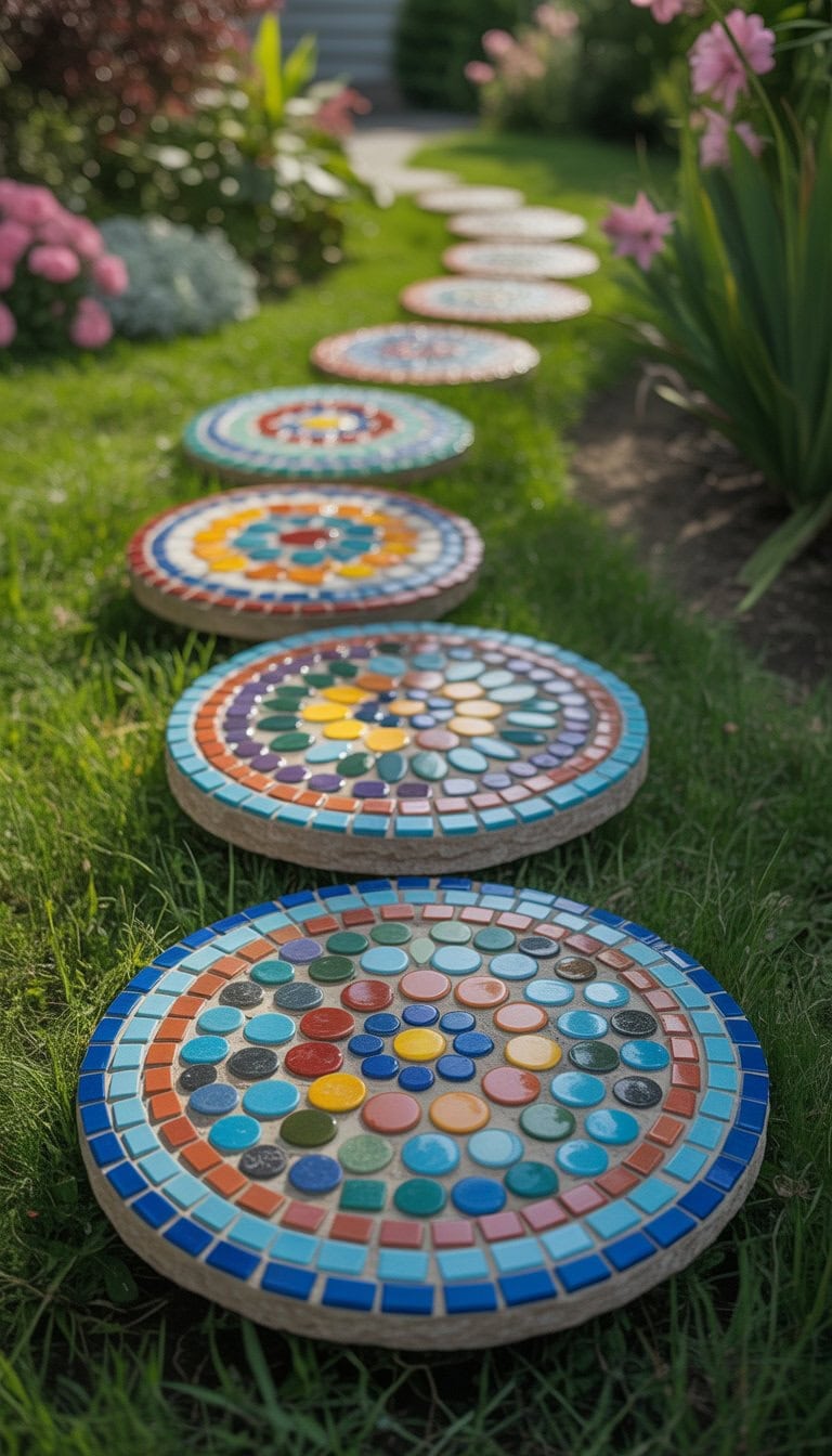 A garden path lined with colorful mosaic stepping stones surrounded by grass and flowers.