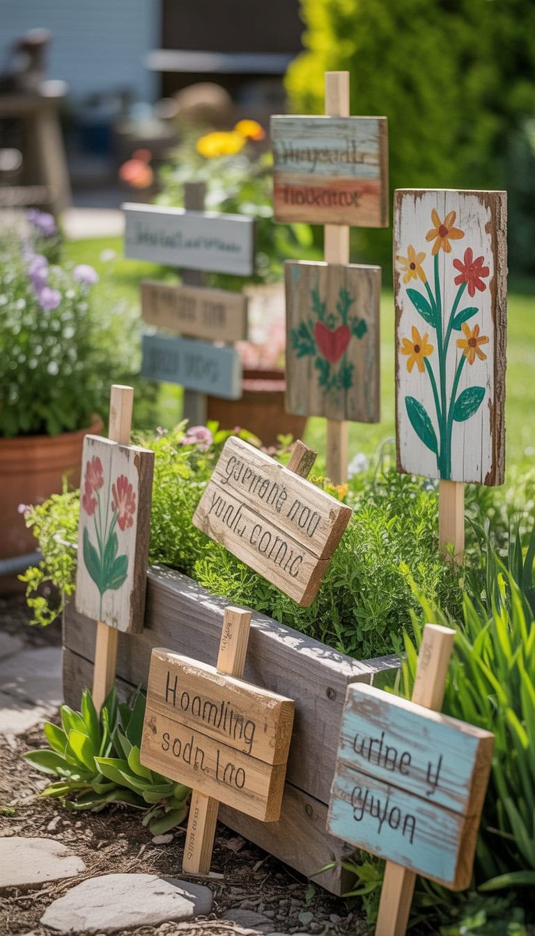 A garden scene with various handmade wooden signs placed among green plants and colorful flowers.