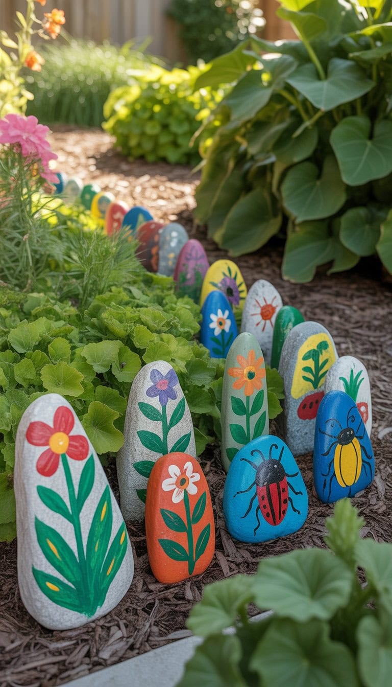 A garden with colorful painted rock markers placed among plants and flowers.