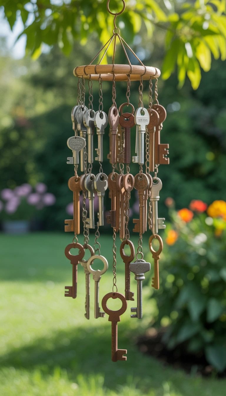 A wind chime made from old metal keys hanging outdoors with green plants and flowers in the background.