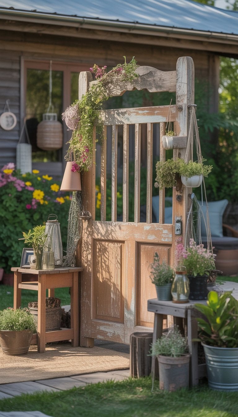 A rustic wooden garden gate standing upright surrounded by green plants and colorful flowers in an outdoor yard.