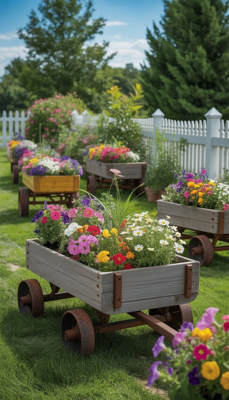 A garden with wooden wagons filled with colorful blooming flowers arranged on green grass under a clear blue sky.