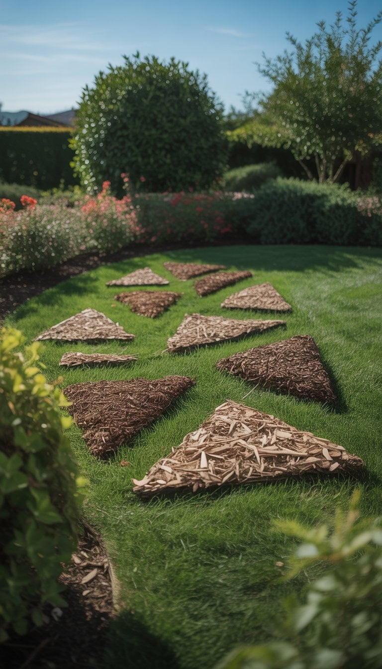 Outdoor garden with triangular mulch art installations arranged on green grass surrounded by plants and bushes under a clear sky.