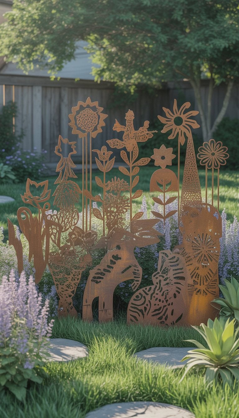 A backyard garden with various laser-cut metal sculptures displayed among plants and grass.