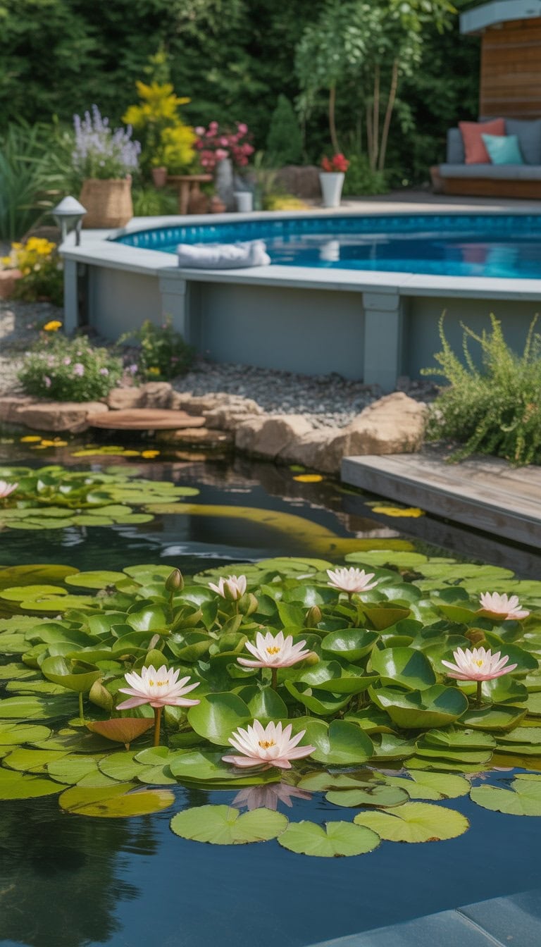 A backyard pond with floating water lilies next to an above-ground pool surrounded by plants and landscaping.