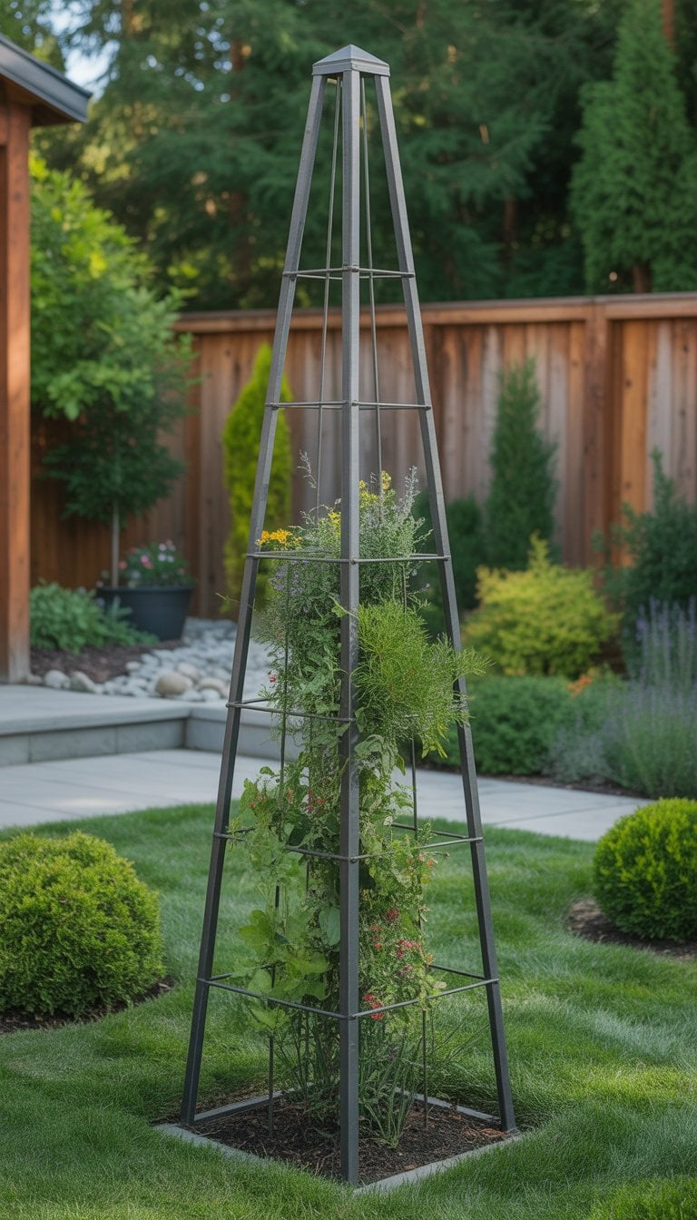 A tall steel obelisk trellis in a garden with climbing plants and flowers, surrounded by a lawn and shrubs.
