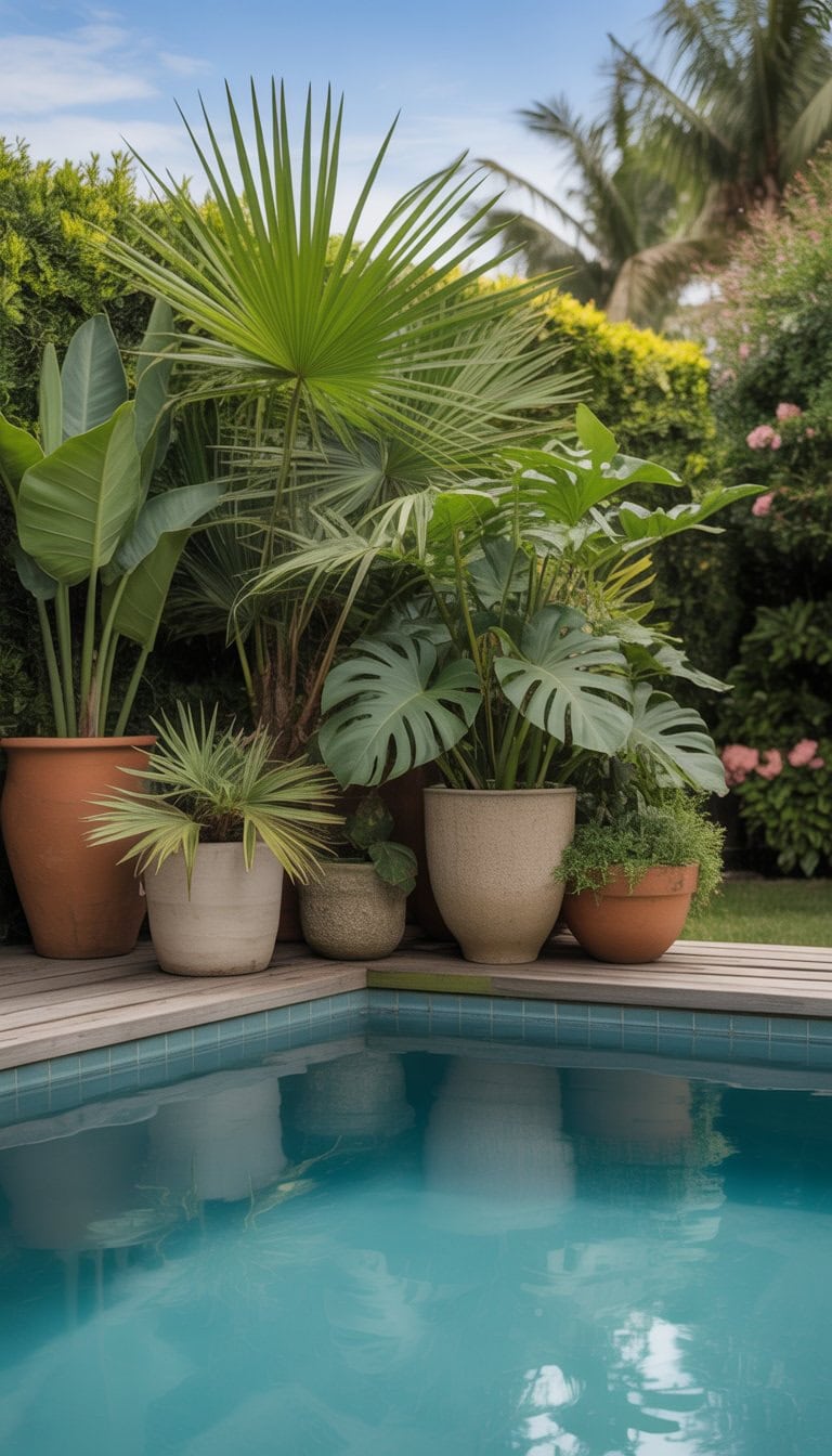 Above ground pool surrounded by large ceramic pots with tropical plants in a landscaped backyard.