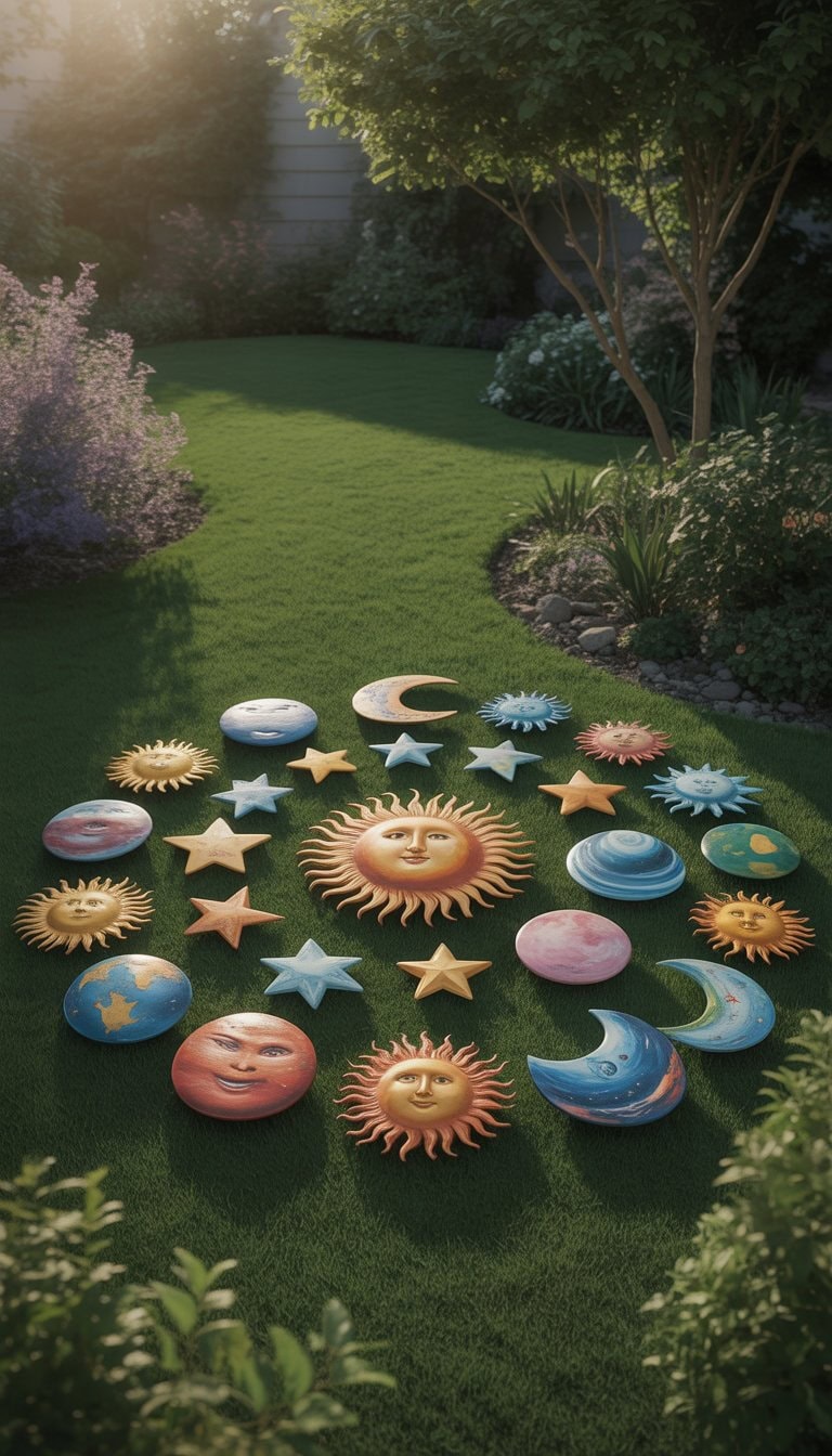 A circular arrangement of 25 colorful celestial-themed yard art pieces displayed on a green lawn with plants and trees in the background.