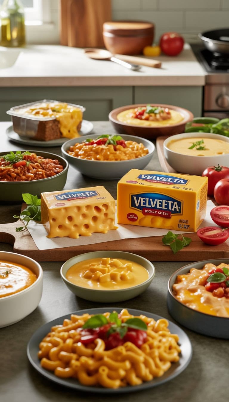 A kitchen counter with several dishes made from Velveeta block cheese, including macaroni and cheese, dips, and casseroles, alongside a block of Velveeta cheese and fresh ingredients.