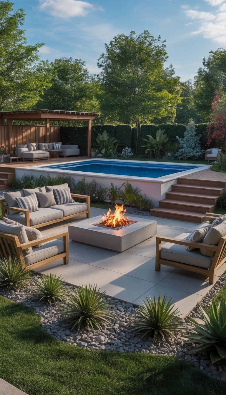 Backyard with an above ground pool next to a fire pit area surrounded by outdoor seating and greenery.