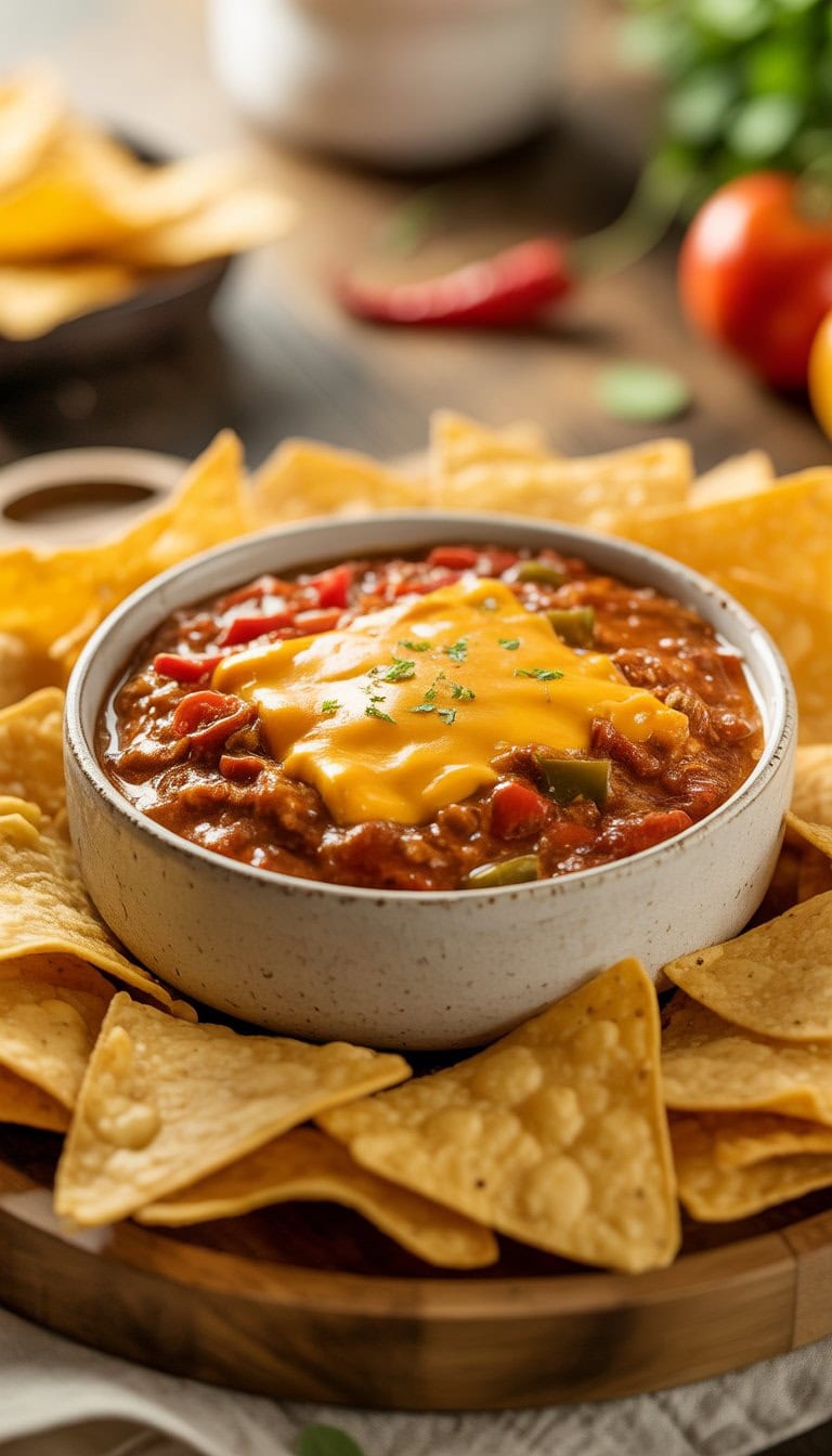 A bowl of creamy Velveeta and Ro-Tel chili cheese dip with tortilla chips on a wooden board.