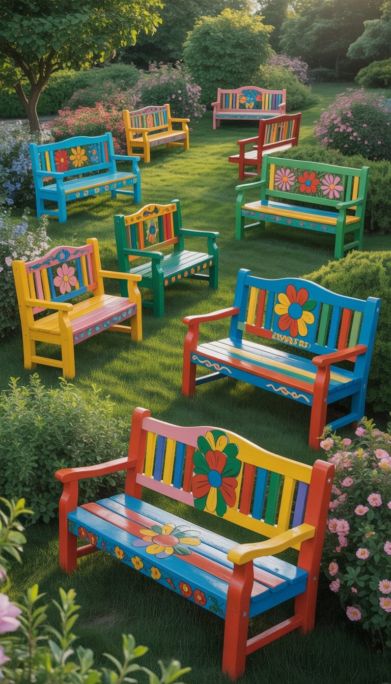 A garden with several brightly painted wooden benches surrounded by flowers and greenery.