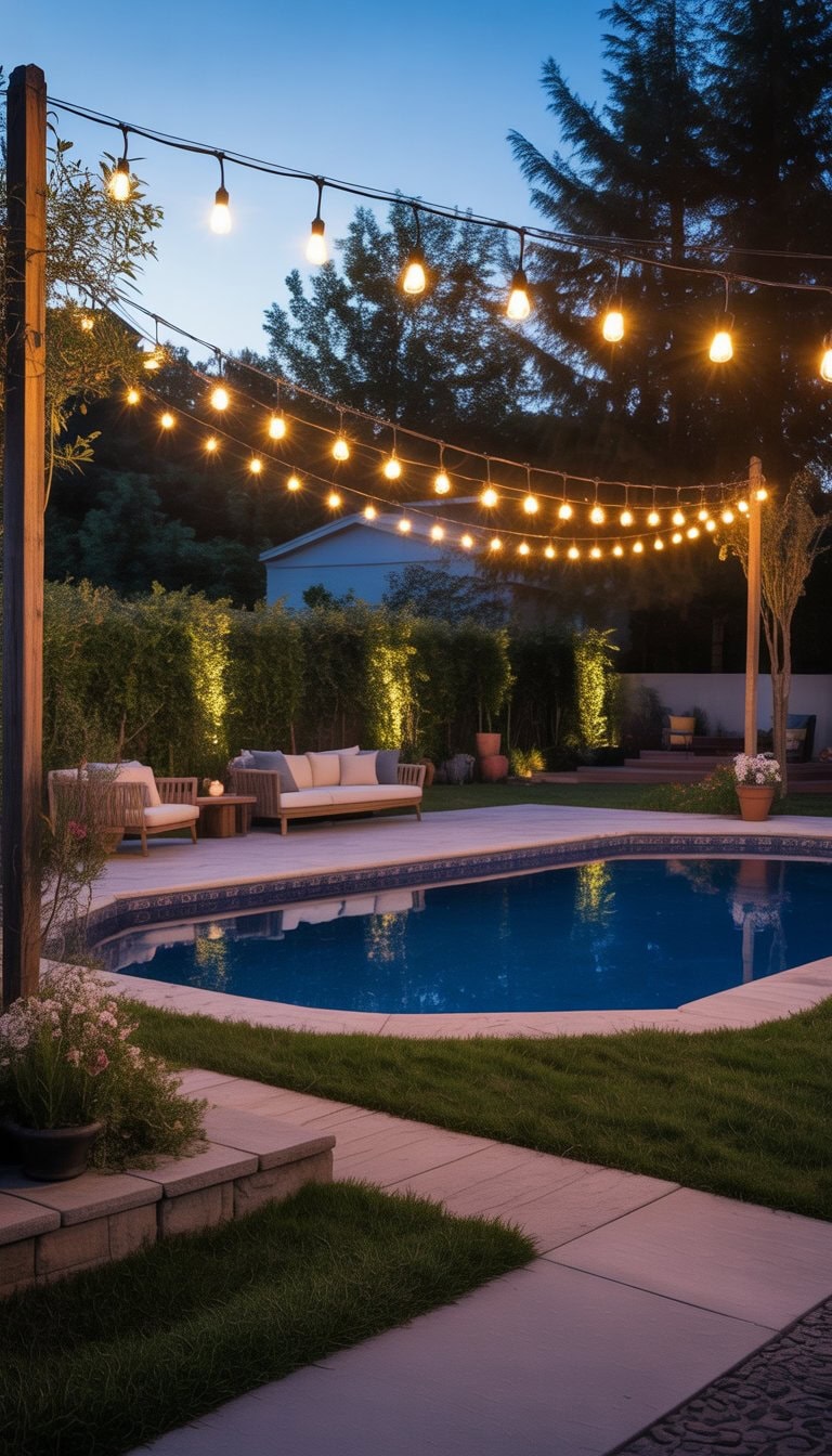 An above ground pool in a landscaped backyard with string lights hanging overhead during early evening.