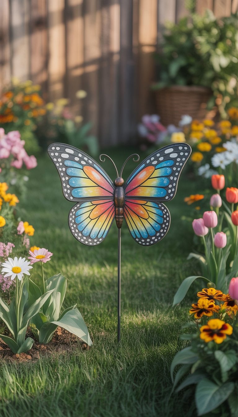 A colorful butterfly-shaped yard art sculpture standing in a garden with green grass and blooming flowers.