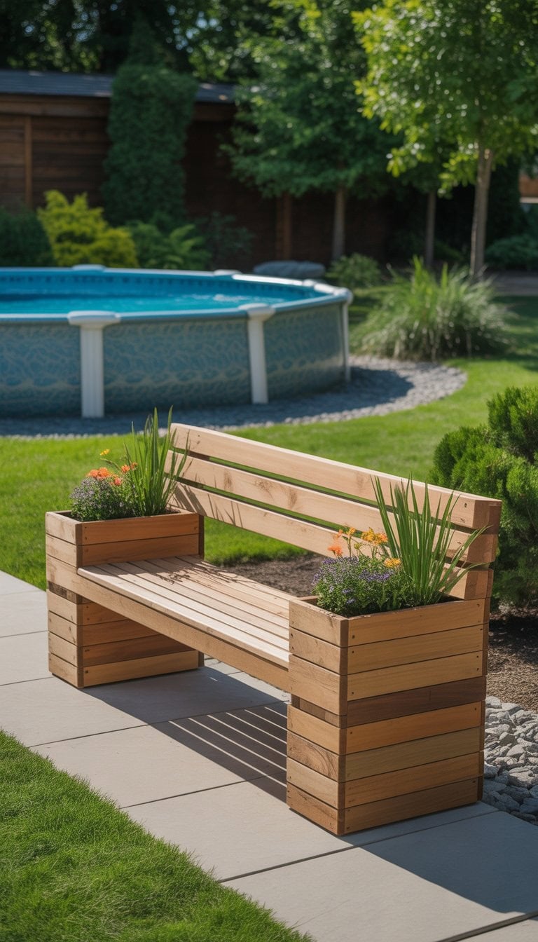 A wooden bench with built-in planters beside an above ground pool in a landscaped backyard.