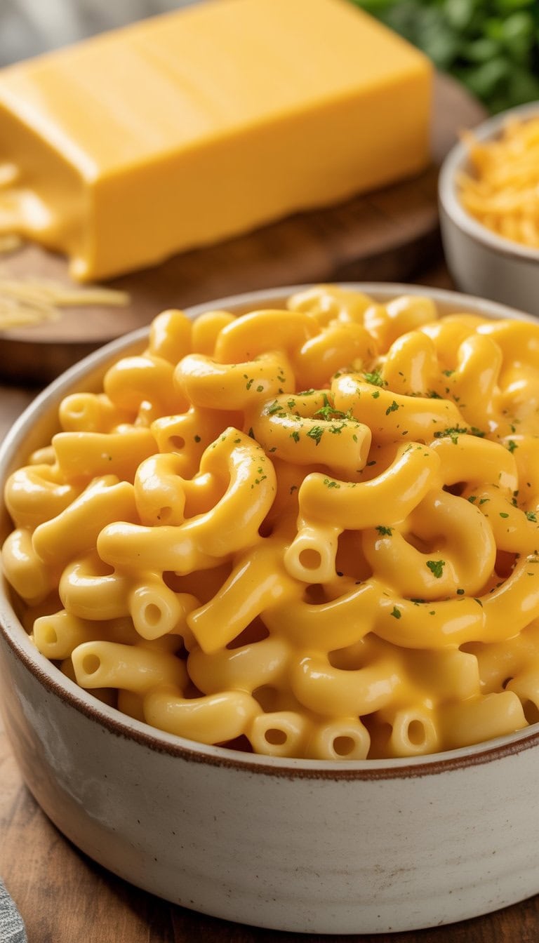 A bowl of creamy Velveeta mac and cheese garnished with parsley on a wooden table with a block of cheese in the background.