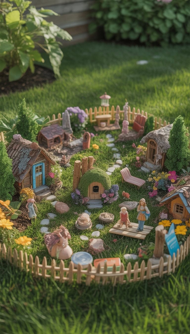 A small outdoor fairy garden with miniature houses, tiny plants, flowers, and decorative yard art arranged on green grass.