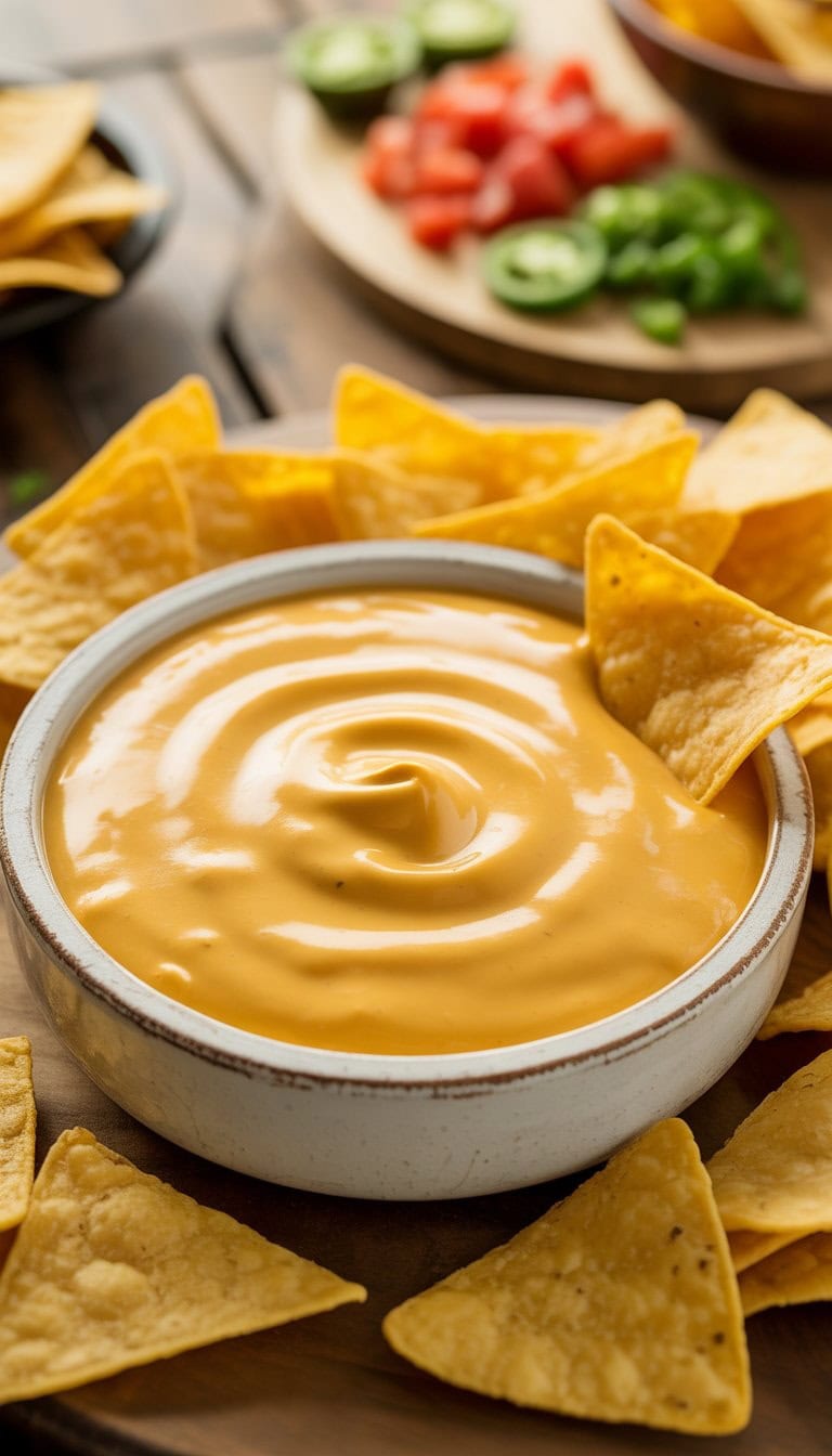 A bowl of creamy Velveeta queso dip with tortilla chips on a wooden table and fresh ingredients in the background.