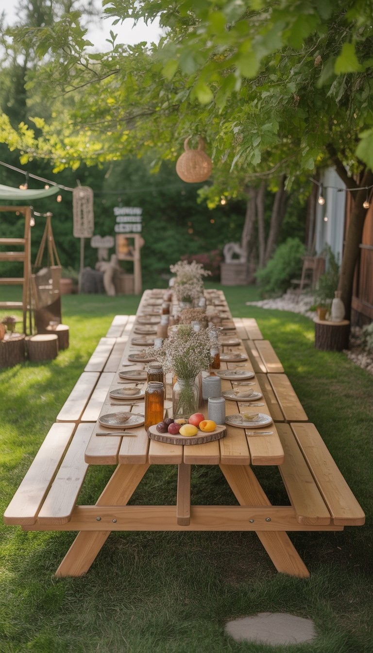A large rustic wooden picnic table outdoors in a garden, set to seat 25 people with simple decorations and surrounded by grass and trees.