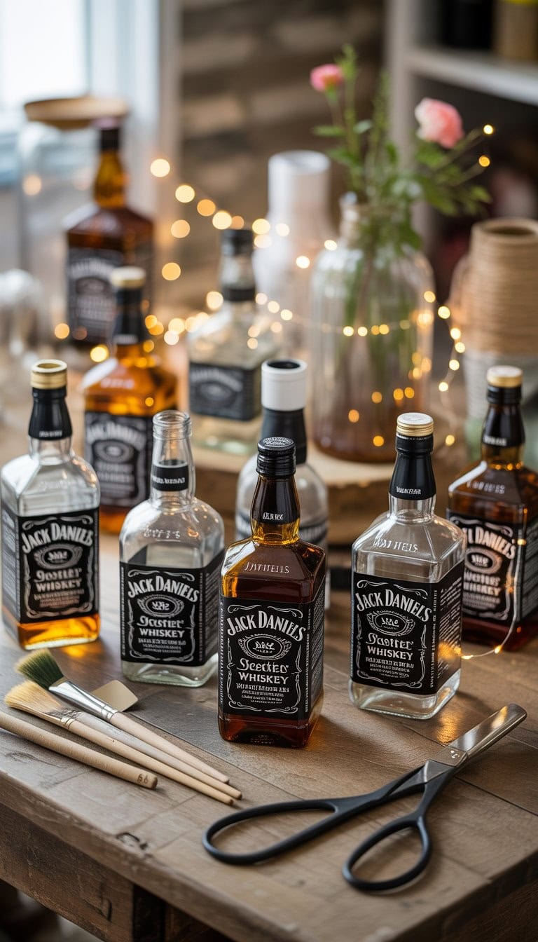 A collection of empty Jack Daniels bottles repurposed into lamps, vases, and candle holders displayed on a wooden table with crafting supplies around them.