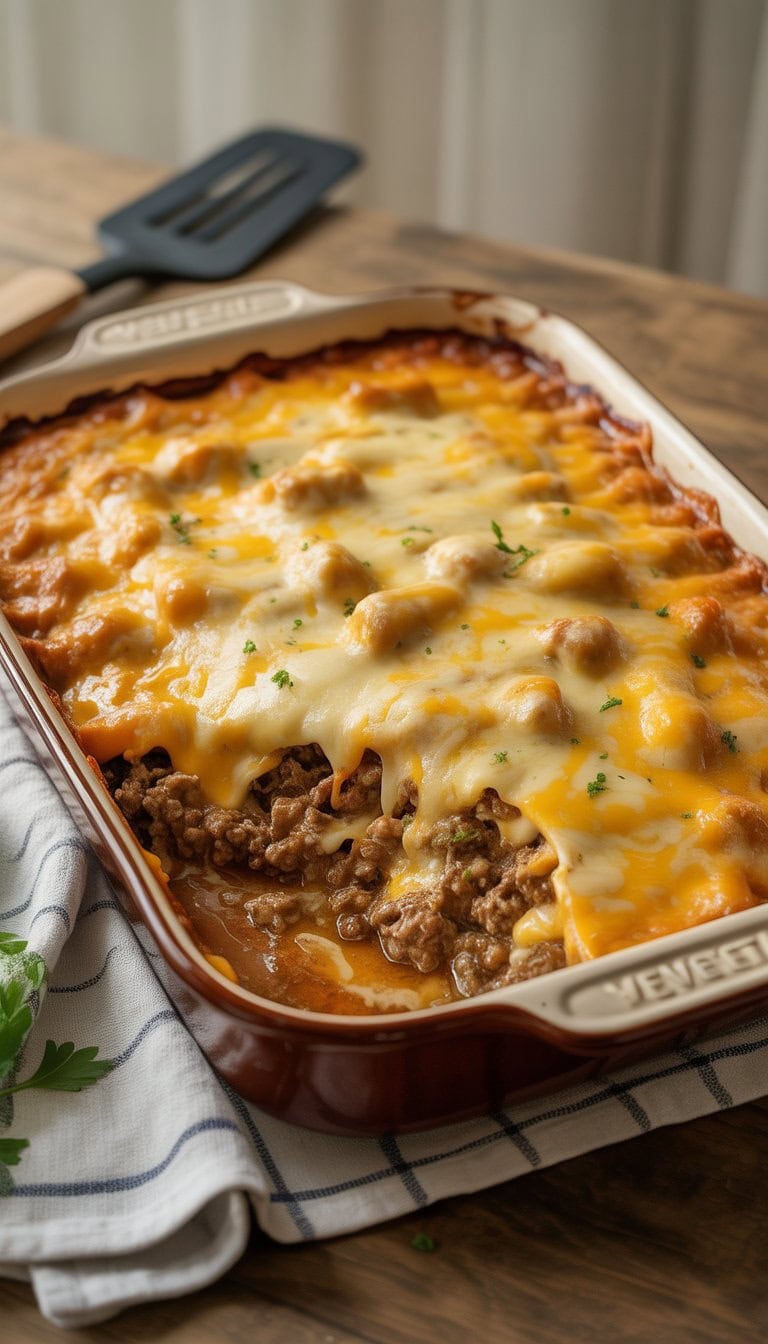 A baked casserole dish filled with cheesy ground beef casserole on a wooden table with a serving spatula and kitchen towel nearby.