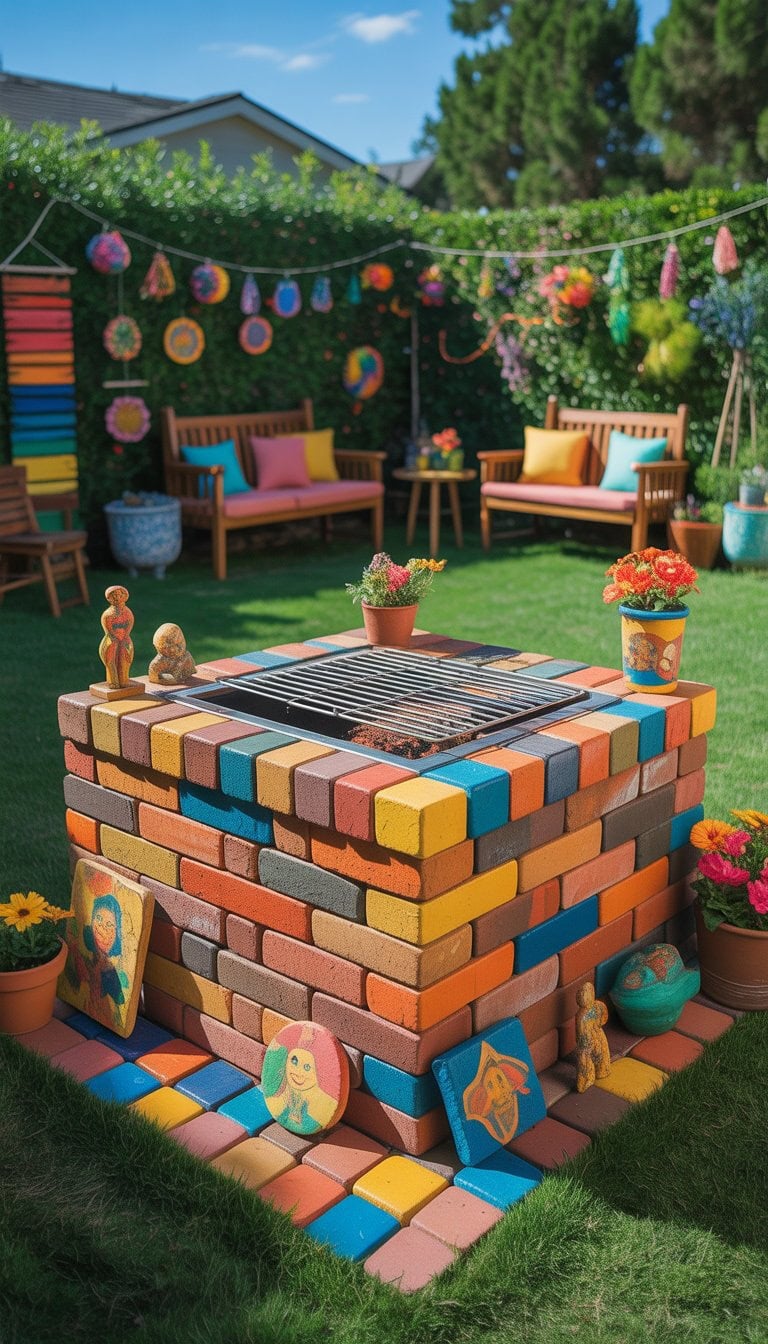 A colorful brick BBQ pit surrounded by various DIY yard art decorations in a green backyard with outdoor seating.