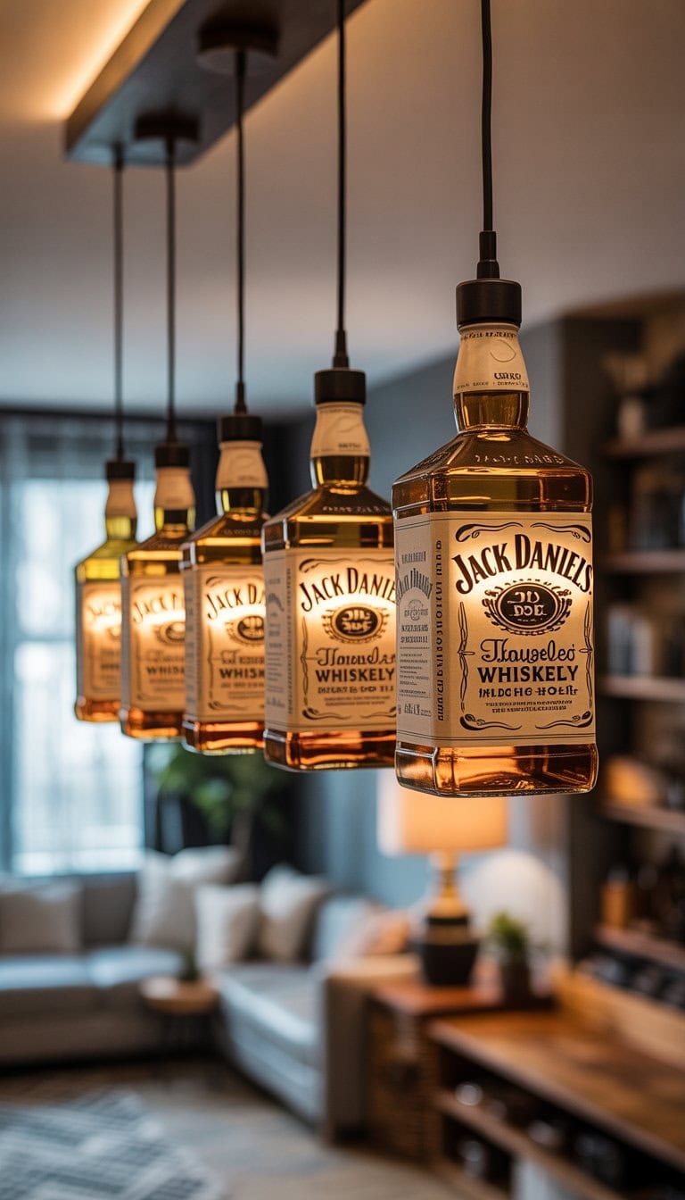 Five Jack Daniels whiskey bottles repurposed as hanging pendant lights glowing warmly in a cozy interior space.