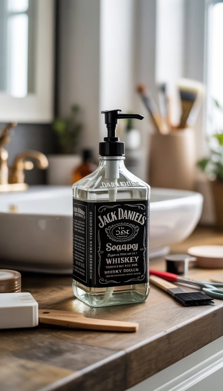 A Jack Daniels bottle converted into a soap dispenser sitting on a wooden countertop in a bright bathroom with crafting tools nearby.