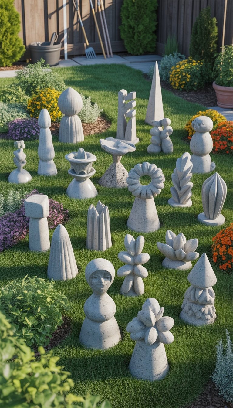 A backyard garden with various creative concrete totem sculptures surrounded by grass, flowers, and shrubs.