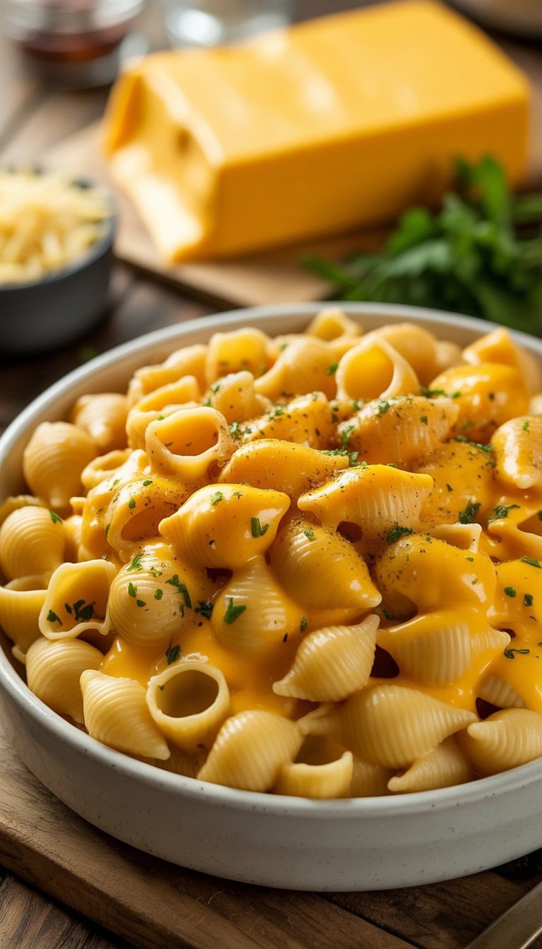 A bowl of creamy shells and cheese garnished with fresh herbs on a wooden table.