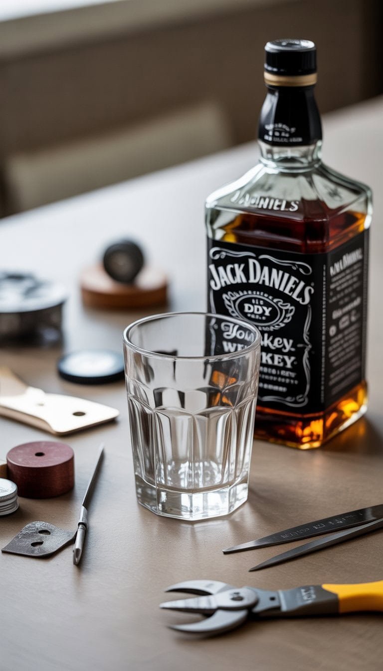 A cut Jack Daniels bottle transformed into a glass tumbler placed on a table with crafting tools around it.