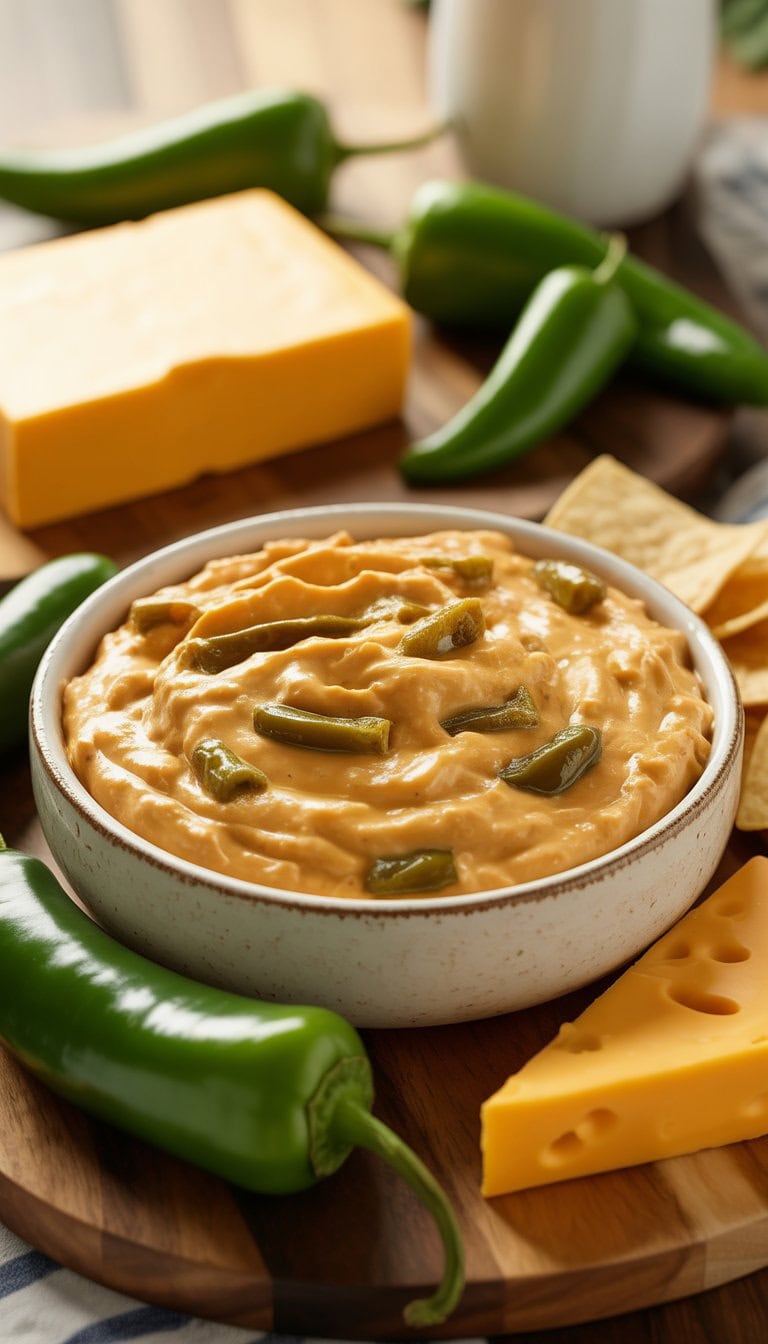 A bowl of creamy Velveeta cheese and roasted green chile dip with fresh green chiles, cheese wedges, and tortilla chips on a wooden board.