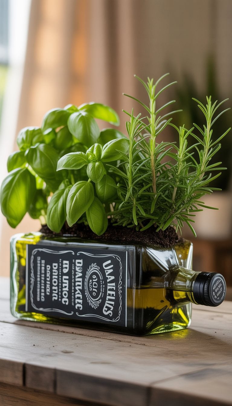 A Jack Daniels whiskey bottle repurposed as a planter with green herbs growing from it on a wooden table.