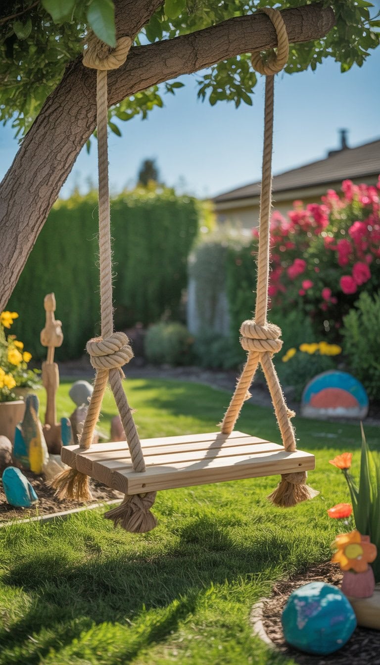 A wooden garden swing hanging from a tree branch in a sunny backyard surrounded by grass, flowers, and handmade yard decorations.