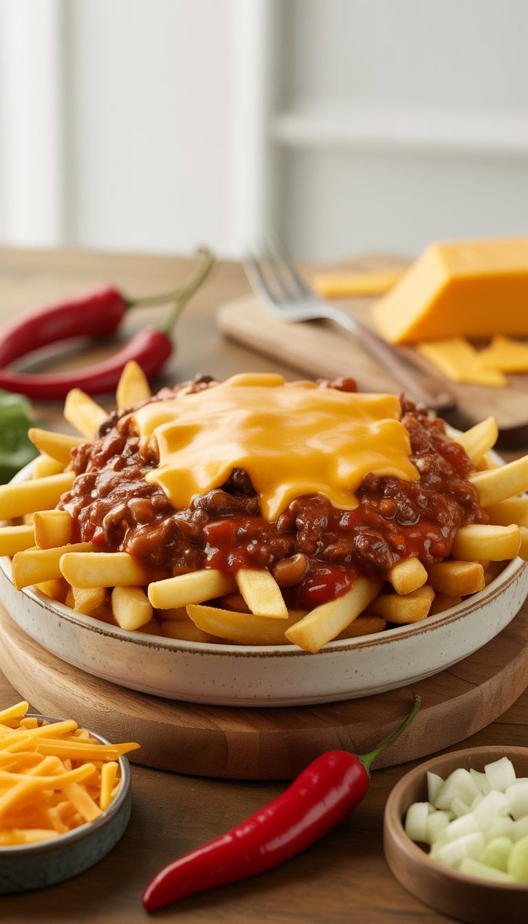 A bowl of crispy fries topped with melted cheese sauce and chili, placed on a wooden table with fresh ingredients nearby.