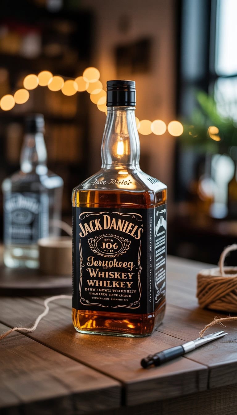 A personalized Jack Daniels bottle turned into a glowing lamp sitting on a wooden table with craft supplies in the background.