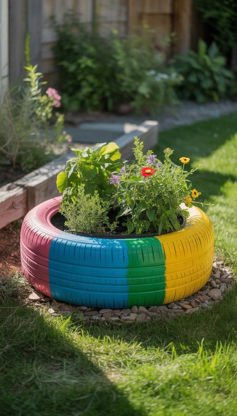 A colorful recycled tire planter filled with green plants and flowers in a garden setting.