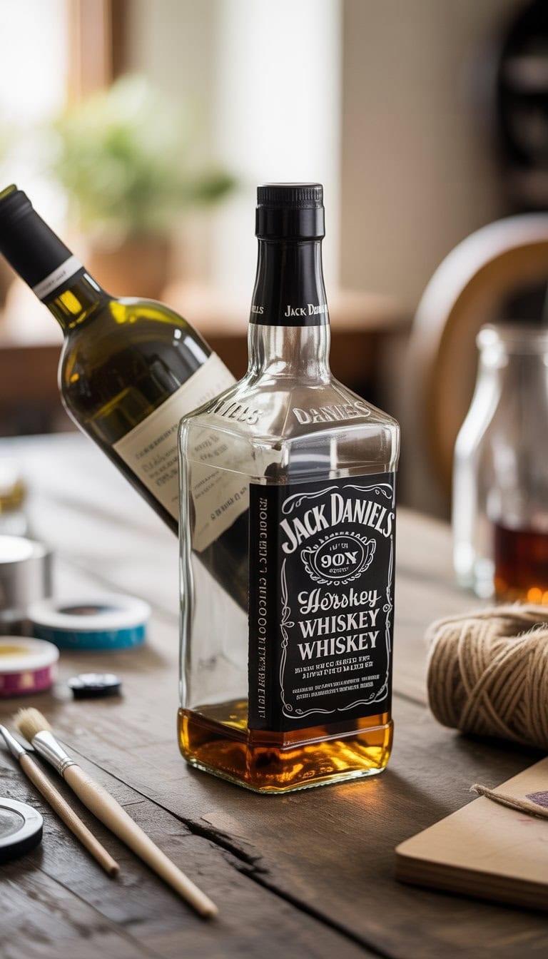 A Jack Daniels bottle repurposed as a wine holder on a wooden table with crafting supplies around it.