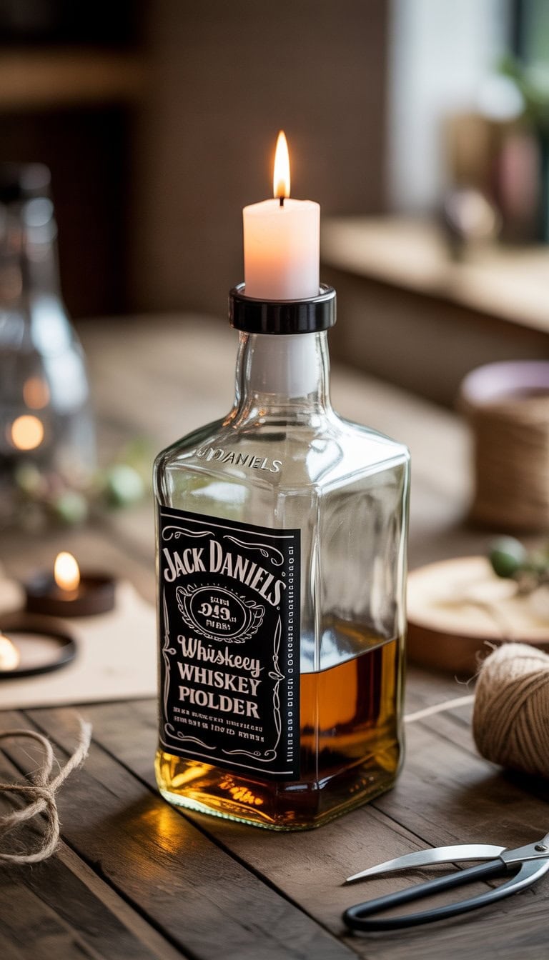 An empty Jack Daniels bottle repurposed as a candle holder with a lit candle inside, placed on a wooden table with crafting materials around it.