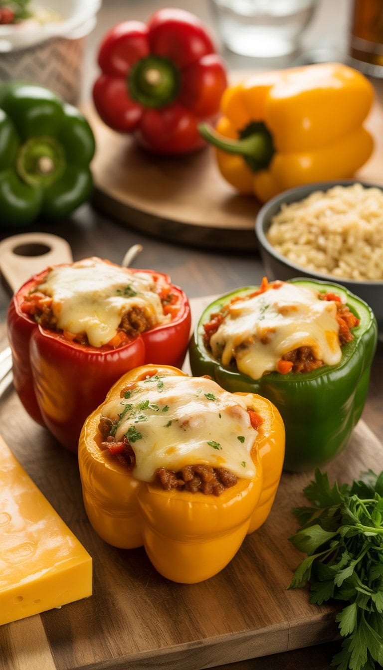 Three colorful stuffed bell peppers filled with melted cheese and rice on a wooden board with fresh ingredients around them.