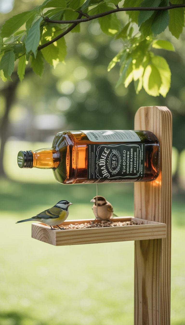 A bird feeder made from an empty Jack Daniels bottle mounted on a wooden post with small birds feeding on it in a garden setting.